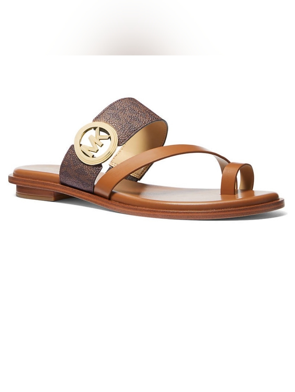 MICHAEL KORS Vera Flat Thong Sandals Brown Logo Gold MK Hardware Size 6M
